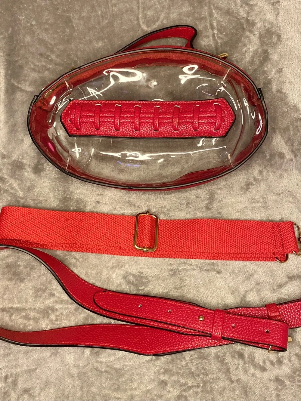 Football Shaped Clear Crossbody Bag with Leather Trim - Red